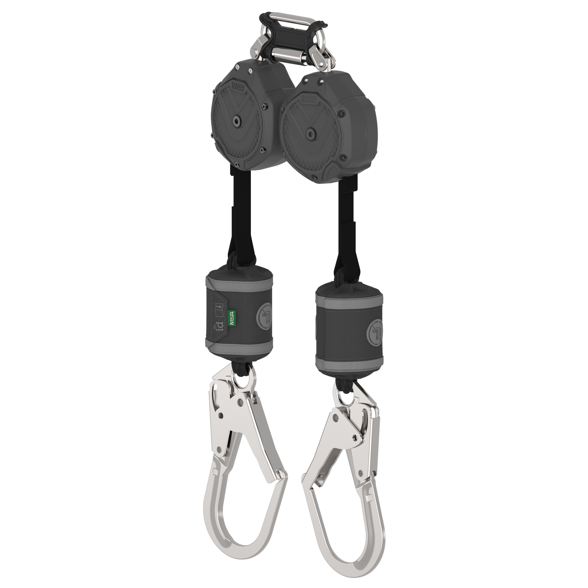 V-SHOCK PFL, 6', twin-leg, 36CL large steel snaphooks, twin link triple action carabiner (top), ANSI Z359.14